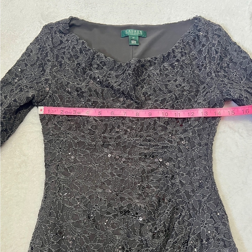 Ralph Lauren Charcoal Sequin Beaded Lace Dress - Size 6P - Picture 3 of 10